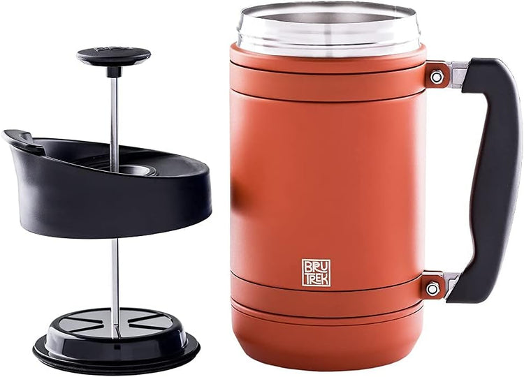 BaseCamp Coffee Press - Double Wall Insulated Stainless Steel - Bru-Stop Technology, No Grounds in Coffee, No Spill Lid (Red Rock, 32 fl.oz)
