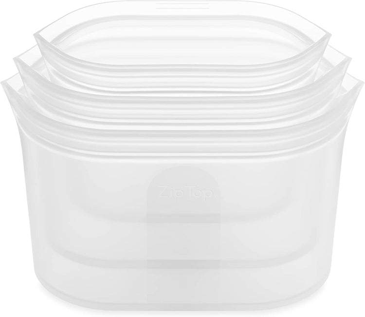 Zip Top Reusable Food Storage Bags | 3 Dish Set [Frost] | Silicone Meal Prep Container | Microwave, Dishwasher and Freezer Safe | Made in the USA