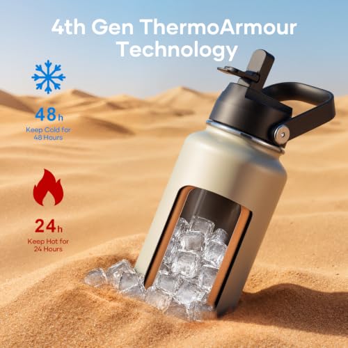 40 oz Insulated Water Bottle with Paracord Handle & Straw Spout Lids (40 Ounces / Greige)