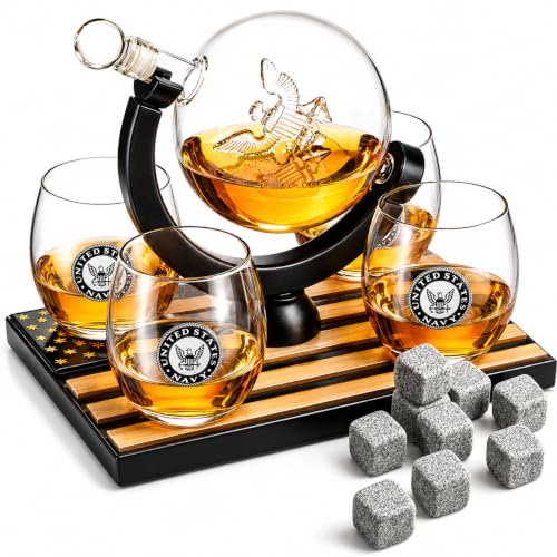 U.S. Navy Globe Whiskey Decanter Set with 4 Liquor Glasses