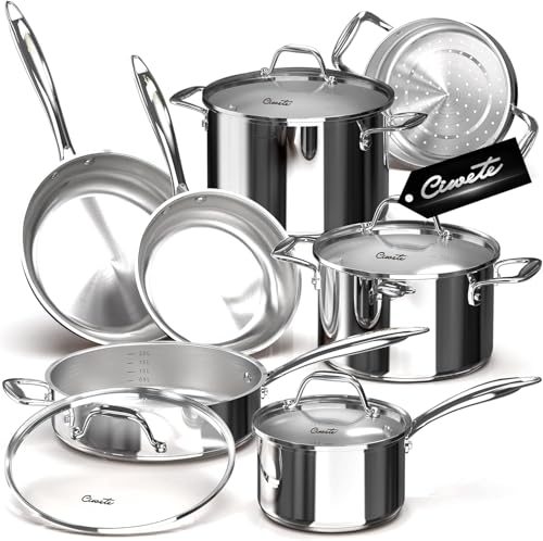11-Piece Tri-Ply Stainless Steel Pots and Pans Set, 18/10 Stainless Steel Cookware Set with Steamer Insert, Induction Kitchen Cookware Sets with Cool Ergonomic Handles, Dishwasher, Oven Safe (11 Count)