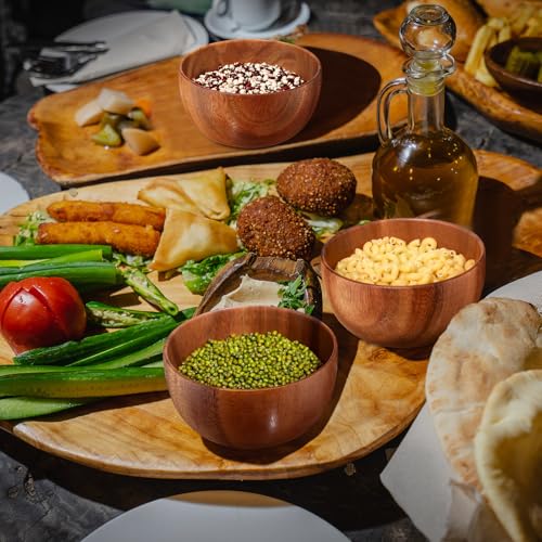12 Pcs 5in Acacia Wooden Bowls Small Calabash Bowls Round Wood Salad Hand Carved Calabash Dip Tray for Serving Popcorn Pasta Candy Cereal Coconut Nuts Sauce Appetizers Kitchen