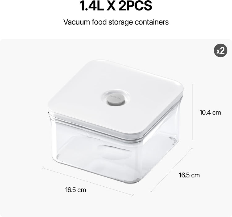 Premium Airtight Food Storage Containers, Square 2PC/Set(1.48qt/1.4Lx2pcs), Smart One-Click Seal Lid, No Hinges, 100% Leak Proof, BPA-FREE, Dishwasher, Freezer & Microwave Safe