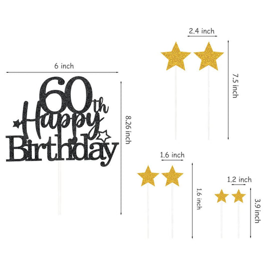 Black Gold 60th Birthday Cake Topper with Glittery Stars (7 Count)