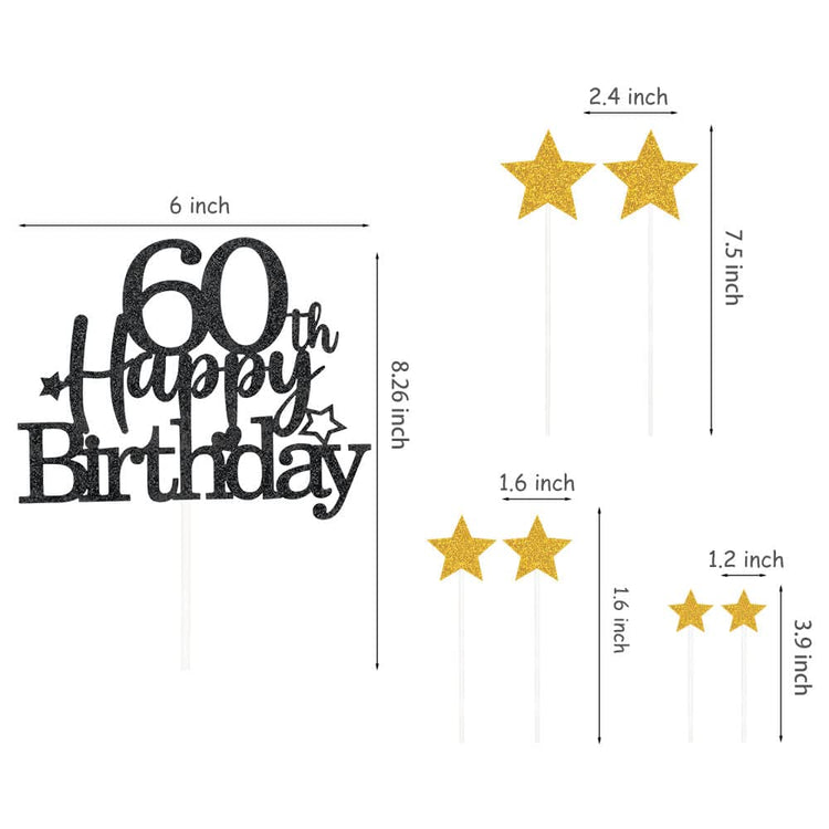 Black Gold 60th Birthday Cake Topper with Glittery Stars (7 Count)