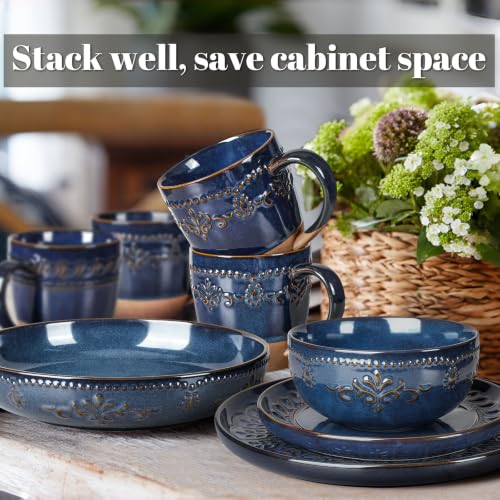 16 Piece Handcrafted Ceramic Dinnerware Set with Mugs (Damask Floral (16 Pieces) (Blue))