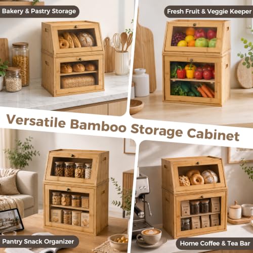 2 Tier Detachable Bamboo Bread Box for Kitchen Countertop
