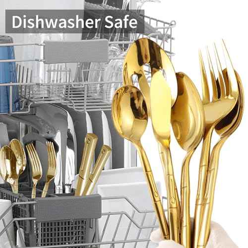 Silverware Serving Set Gold Flatware Set Stainless Steel Bamboo Handle Cutlery Set Mirror Polished 65 Pieces for Home Kitchen Restaurant Hotel Wedding Housewarming Gift Service for 12