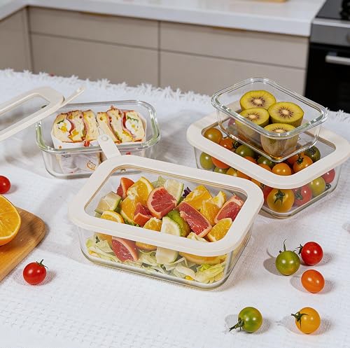 Glass Food Storage Containers with Glass Lids (‎Ivory White -4p)