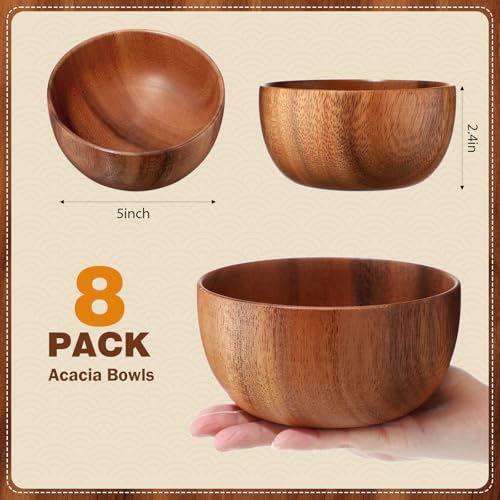 8 Pcs 5 Inch Acacia Wooden Bowls Round Hand Carved for Salad