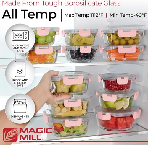 Premium Borosilicate Glass Food Storage Containers with lids Set (Pink)