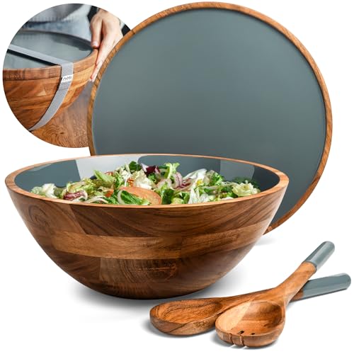 Large Wooden Salad Bowl Set 12.5 Inch with Serving Utensils (Seafoam / 12.5)