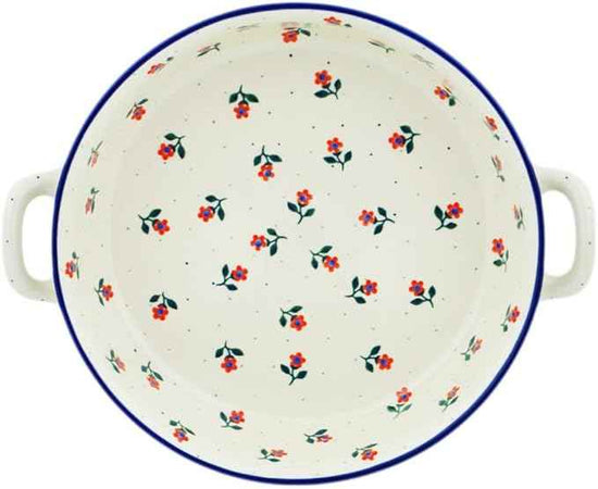 Polmedia Polish Pottery Round Baker with Handles 10-inch - Full Bloom Pattern Handmade in Boleslawiec Poland by Ceramika Artystyczna + Certificate of Authenticity