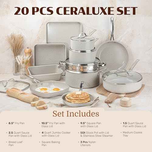 Ceraluxe 20Pc Pots and Pans Set Non Stick Ceramic Cookware Set