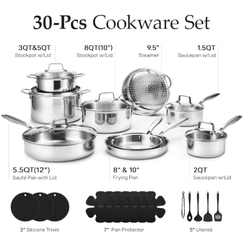 30 PCS Tri Ply Stainless Steel Cookware Set