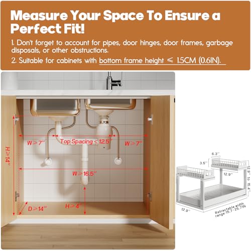 1 Pack-16"-26"W Expandable Under Sink Organizer With Upgrade Ball-Bearing Slide,2-Tier Pull Out Under Cabinet Organizer Height Adjustable,Not Suitable For Cabinets With Partitions In The Middle (1 Pack-16"-26"W / White)