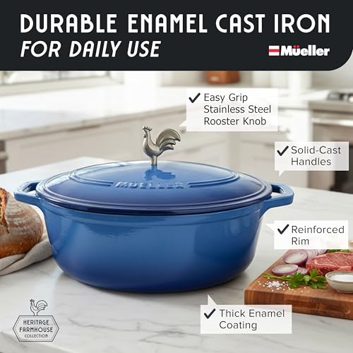 5.5 Quart Enameled Cast Iron Oval Dutch Oven w Rooster Knob & Cotton Potholders