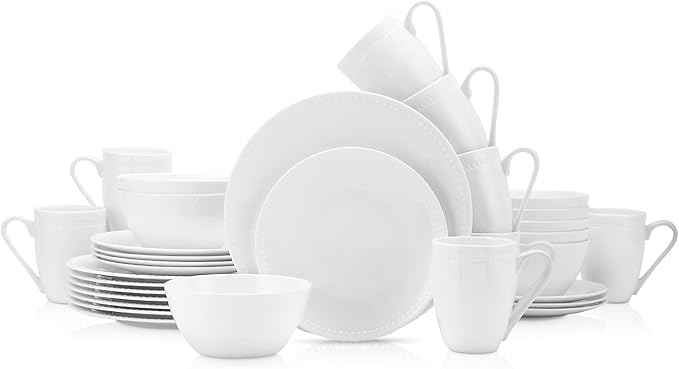 Stone lain Bone China Pinpoint Embossed 32 Piece Dinnerware Set, White