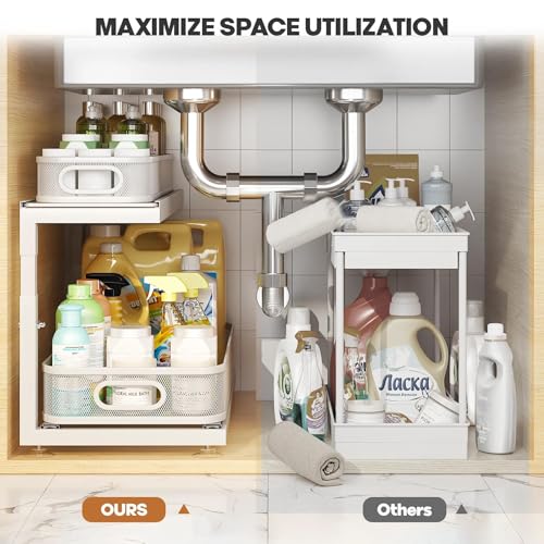2 Pack 21.3 IN Depth Under Sink Organizer With Next (White / 2 Pack-21.3"Dx11.8"-16.5"H)