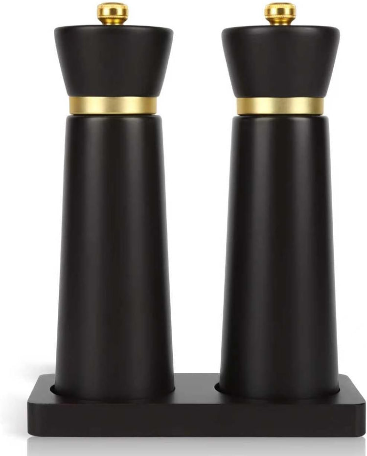 Wooden Salt and Pepper Grinder Set, Salt grinder Refillable with adjustable Coarseness, Beach Wood Pepper Grinder Manual, Salt and Pepper Shakers Matching Wooden tray-Ideal for Gifting