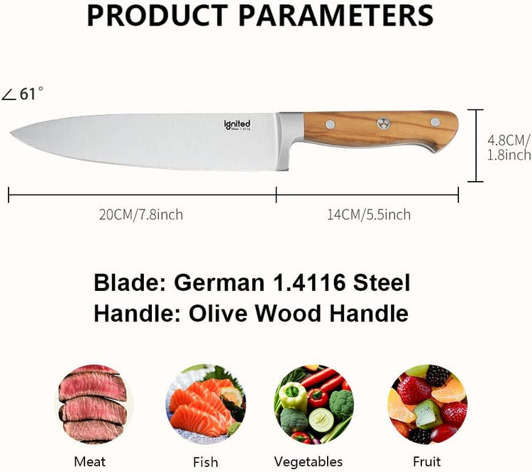 8 Inch Chef Knife, 1.4116 German High Carbon Steel Chef's Knife, Chefs Knife with Ergonomic Olive Wood Handle, Professional Full Tang Kitchen Knife with Gift Box