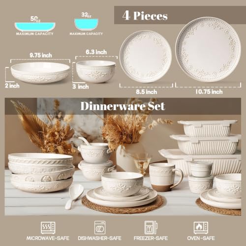 4 Piece Handcrafted Ceramic Dinnerware Set with Pasta Bowls (Damask Floral (4 Pieces) (White))