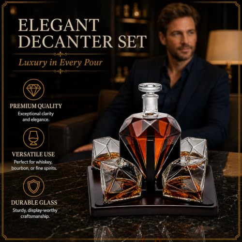 Luxury Diamond Whiskey Decanter Set with 4 Matching Glasses & Mahogany Wood Base