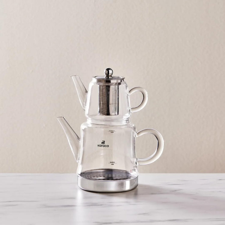 Karaca Dora Teapot Set, Glass, Tea Pot 0.45 L, Kettle 1.8 L, Silver, Transparent, Tea Maker, Turkish Tea Kettle, Tea Maker
