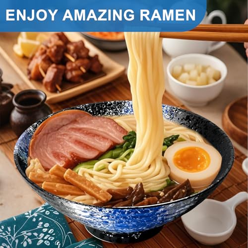 8 Inch Ramen Bowl Set 4 Large Japanese Bowls Ceramic Microwavable 16pcs (Blue / 8 INCH 4 Set)