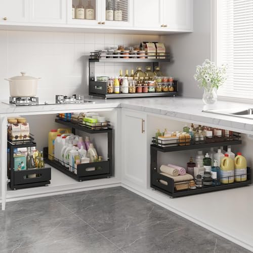 Under Sink Organizer Upgrade To Professional Rails (Black / 2 Pack-21"Dx12.8"-16.9"H)