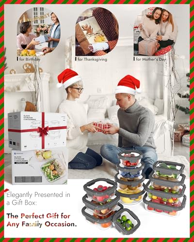 12 Pack Glass Containers with Tempered Lids (Tempered Lids Gray / 12 mixed sizes)
