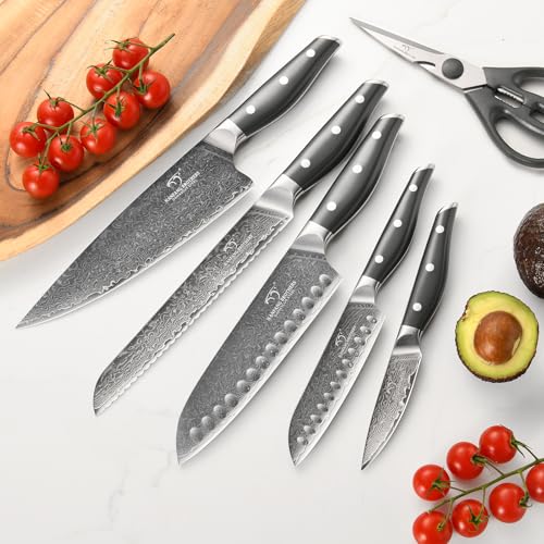 7 Piece Damascus Knife Set with Block (7 Count)