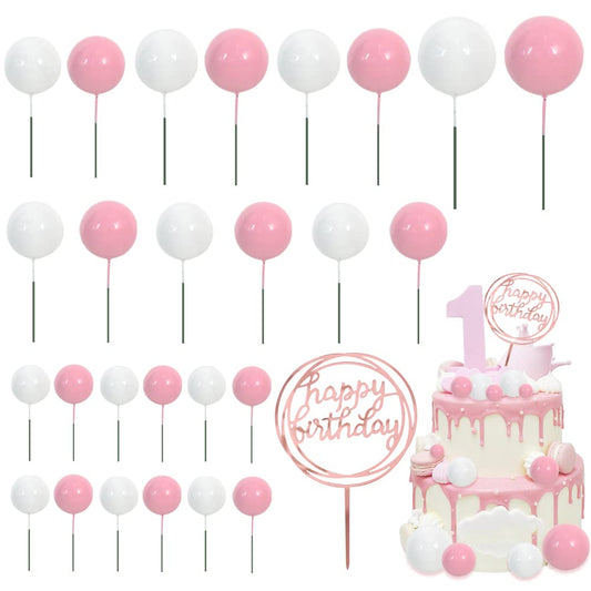 27 PCS Pink and White Ball Cake Topper Mini Balloons Cake Toppers Foam Ball Cupcake Toppers Happy Birthday Cake Insert Pick DIY for Anniversary Wedding Cake Decorations Baby Shower Party (27 Count)