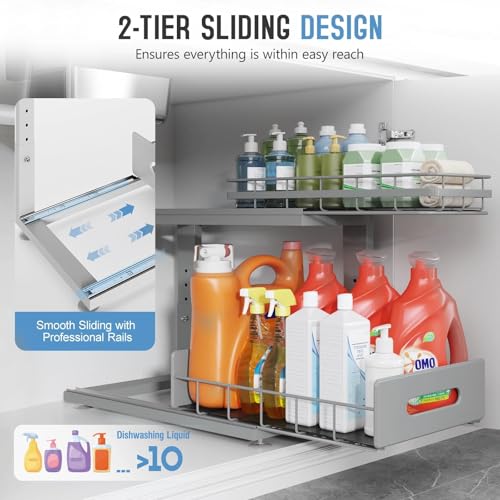 Under Sink Organizer Upgrade To Professional Rails (Gun Gray / 2 Pack-16.7"Dx12.8"-16.9"H)