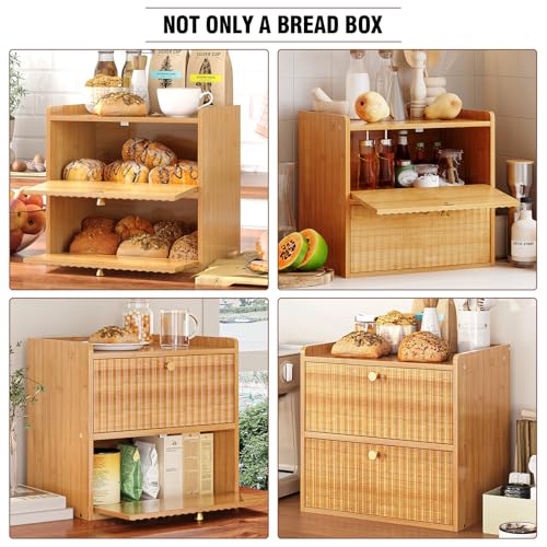 Rustic Bread Box for Kitchen Countertop Bamboo Bread Storage Container Bin Double Layer BreadBox Farmhouse Large Capacity Food Organizer (Natural Bamboo)