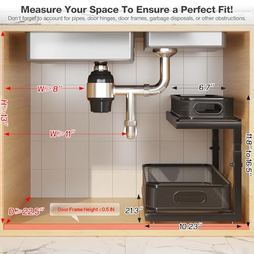 2 Pack 21.3 IN Depth Under Sink Organizer With Next (Black / 2 Pack-21.3"Dx11.8"-16.5"H)