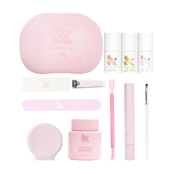 Olive & June Gel Mani System Set | Includes Nail Tools, Peel-Off & Gel Base Coats, Top Coat, LED Lamp, Cuticle Serum & The Poppy | Easy At-Home Mani Kit | 15-Free, Vegan, Cruelty-Free