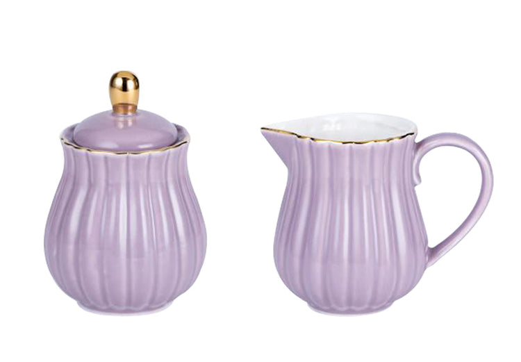 Fine China Purple Teapot and Creamer Sugar Bowl Set