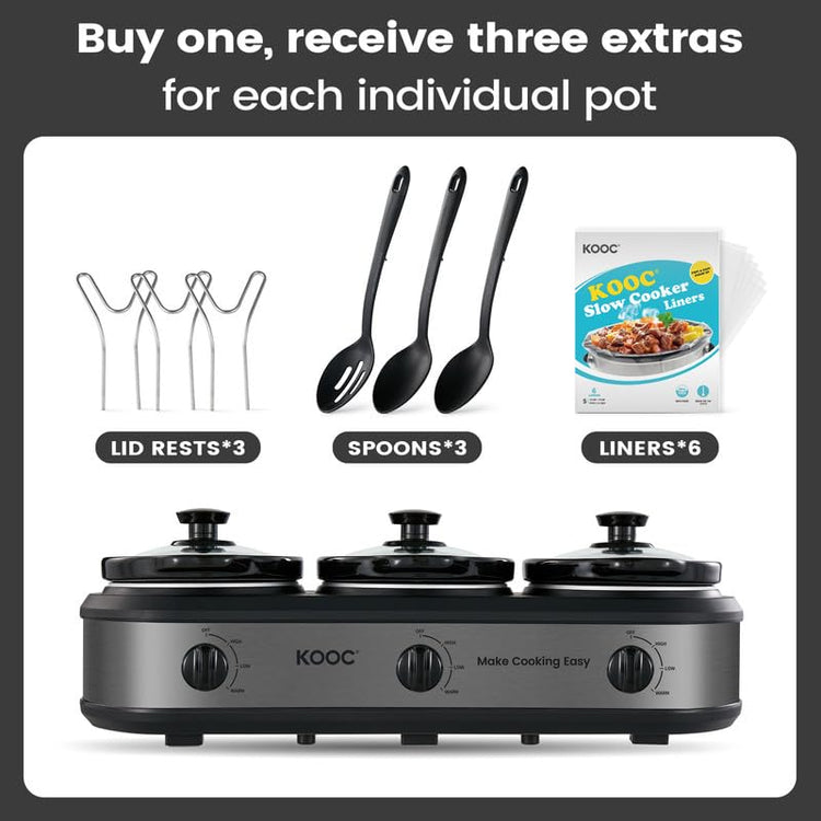 Triple Slow Cooker Buffet Server and Food Warmer 3x1.5 Quart Individual Temp Control With Lid Rests & Spoons With Liners Included Grey