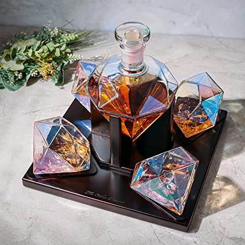 Diamond Whiskey Decanter With 4 Iridescent Glasses 750ML Mahogany Wood Tray