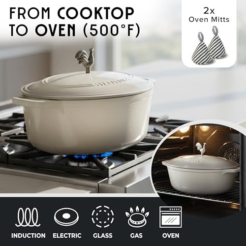 5.5 Quart Enameled Cast Iron Oval Dutch Oven with Rooster Knob & Cotton Potholders