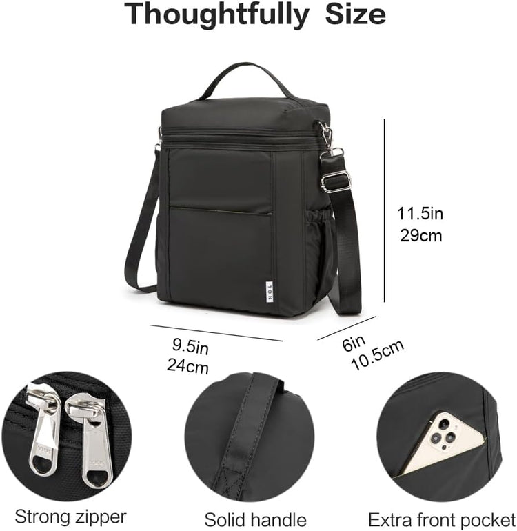 NOL Natural Organic Lifestyle Insulated Lunch Bags for Women Cooler Bag Lightweight Nylon Waterproof Lunch Box For Work (Black, Large)