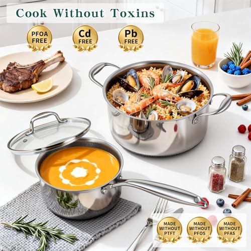 14 Piece Hybrid Stainless Steel Cookware Set with 3 Silicone Trivets