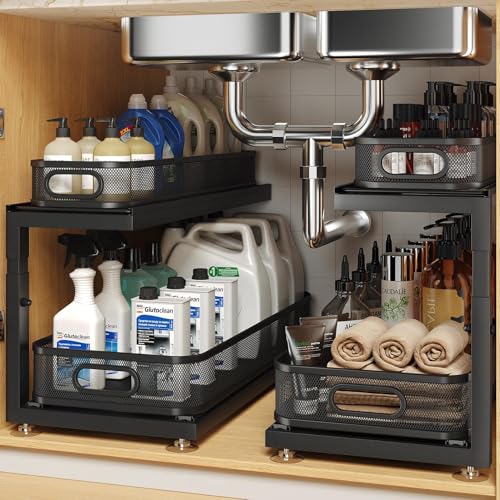 2 Pack 21.3 IN Depth Under Sink Organizer With Next (Black / 2 Pack-21.3"Dx11.8"-16.5"H)