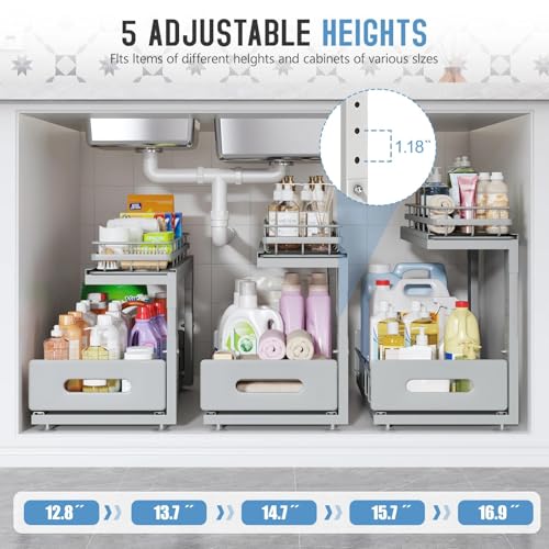 Under Sink Organizer Upgrade To Professional Rails (Gun Gray / 2 Pack-16.7"Dx12.8"-16.9"H)