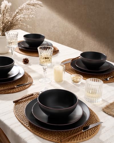 Venus Stoneware Dinnerware Sets with Pasta Bowls (Black / Serves 4 (16pc w/ Pasta Bowl))