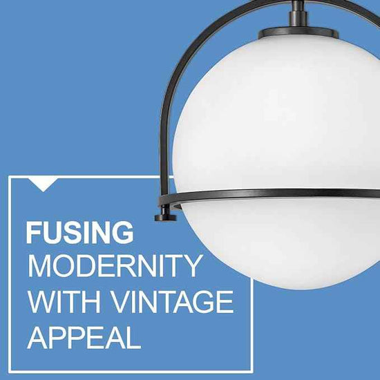 Hinkley Somerset Small Pendant Light, Etched Opal Glass Modern Globe Shade, Adjustable Height, Sloped Ceiling Compatible, Vintage-Inspired Metal Yoke Frame, Dry Rated, Black Finish