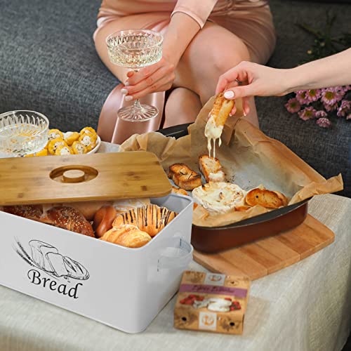 Bread Box with 3pcs Jars Coffee Sugar Tea for Kitchen Countertop White Metal Bread Box with Bamboo Board Cover Pastry Storage Container Set Kitchen decor (White Box)