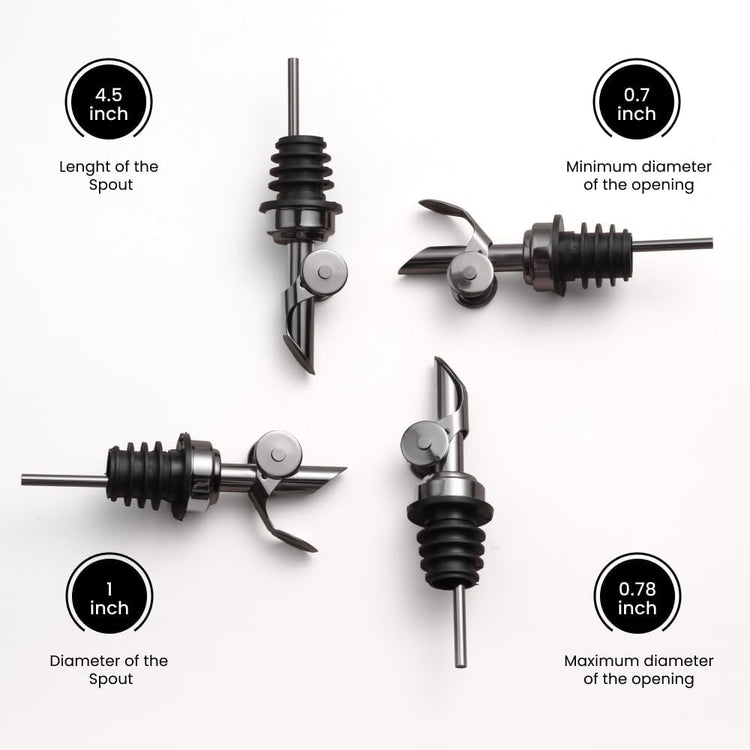 Molimoli Pack of 4 Premium Liquor Pour Spout Made of Stainless Steel with Automatic Anti-Oxidation Mechanism, Bottle Pourers for Alcohol and Wine, Olive Oil Dispenser Spout, Oil Bottle Spout, Black