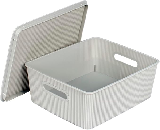 Glad Storage Baskets with Lids - Set of 4 Stackable Plastic Boxes with Handles - Decorative Shelf Organizer Bins for Bathroom and Closet, Grey, 3.1 Gallons